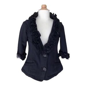 Nick & Mo Black Two Button Cotton 3/4 Sleeve Ruffle Collar Jacket, Small